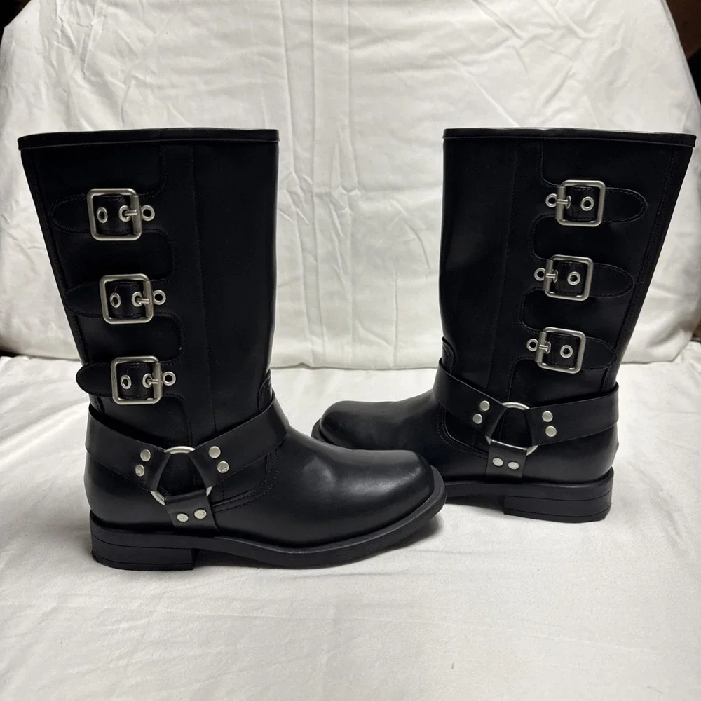 Girls Boots Square Toe Knee High Motorcycle Booties Buckles Riding Boots Size 1
